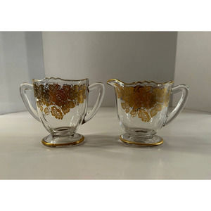 VTG Silver City Glass Co. 22K Gold Floral Overlay Crystal Sugar Bowl & Creamer